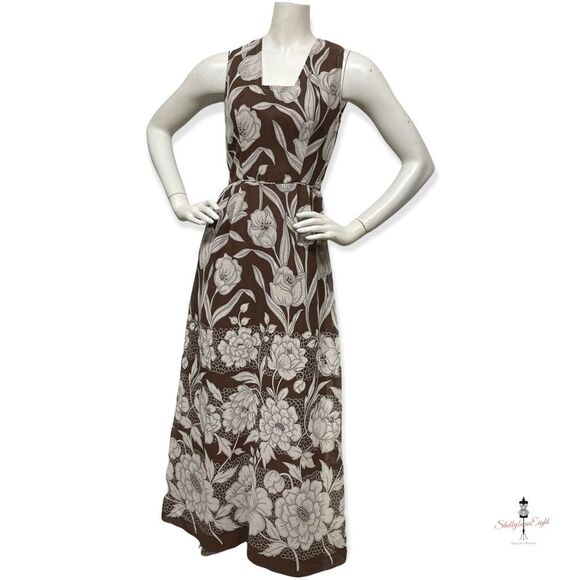 Vintage 1970s Floral Print Brown White Maxi Dress & Matching Shawl Scarf S 4 6 - Picture 12 of 15